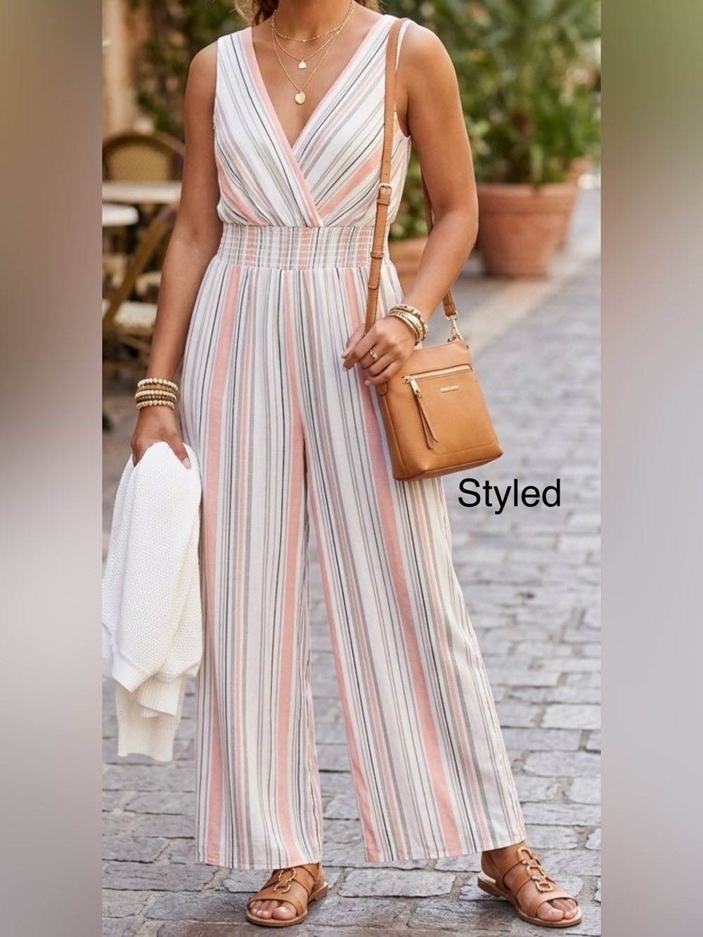 BCX Striped V-Neck Sleeveless Jumpsuit in Pink/White, Black/Tan - Size S - NWT